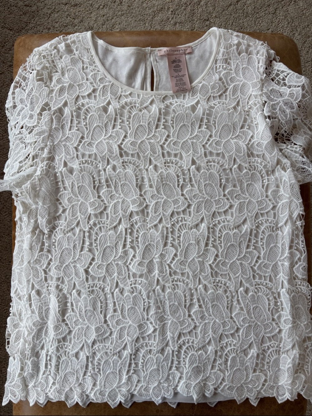 Philosophy White Floral Lace Overlay Short Sleeve Top